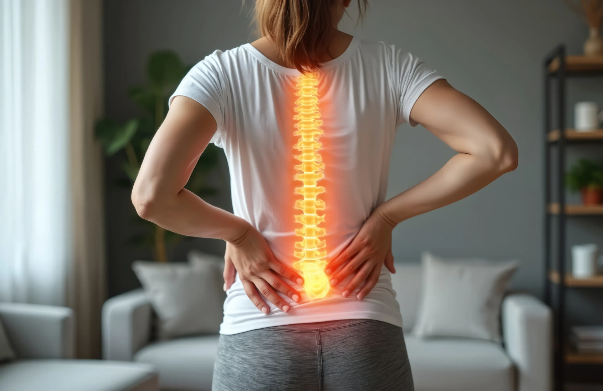 woman with back pain pressing her hands to her lower back to try and alleviate the pain